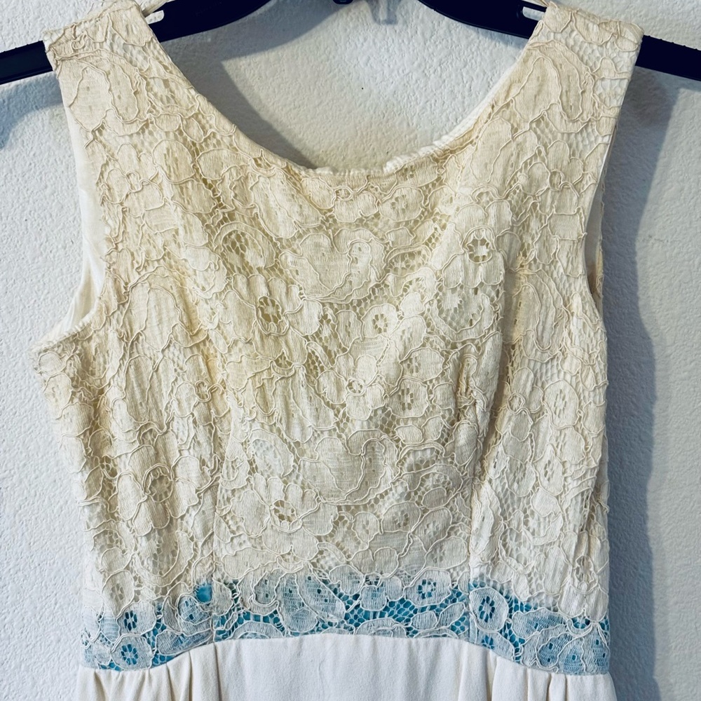 1950/1960s lace and silk fully lined. wedding Dress? with Blue Accent handmade.